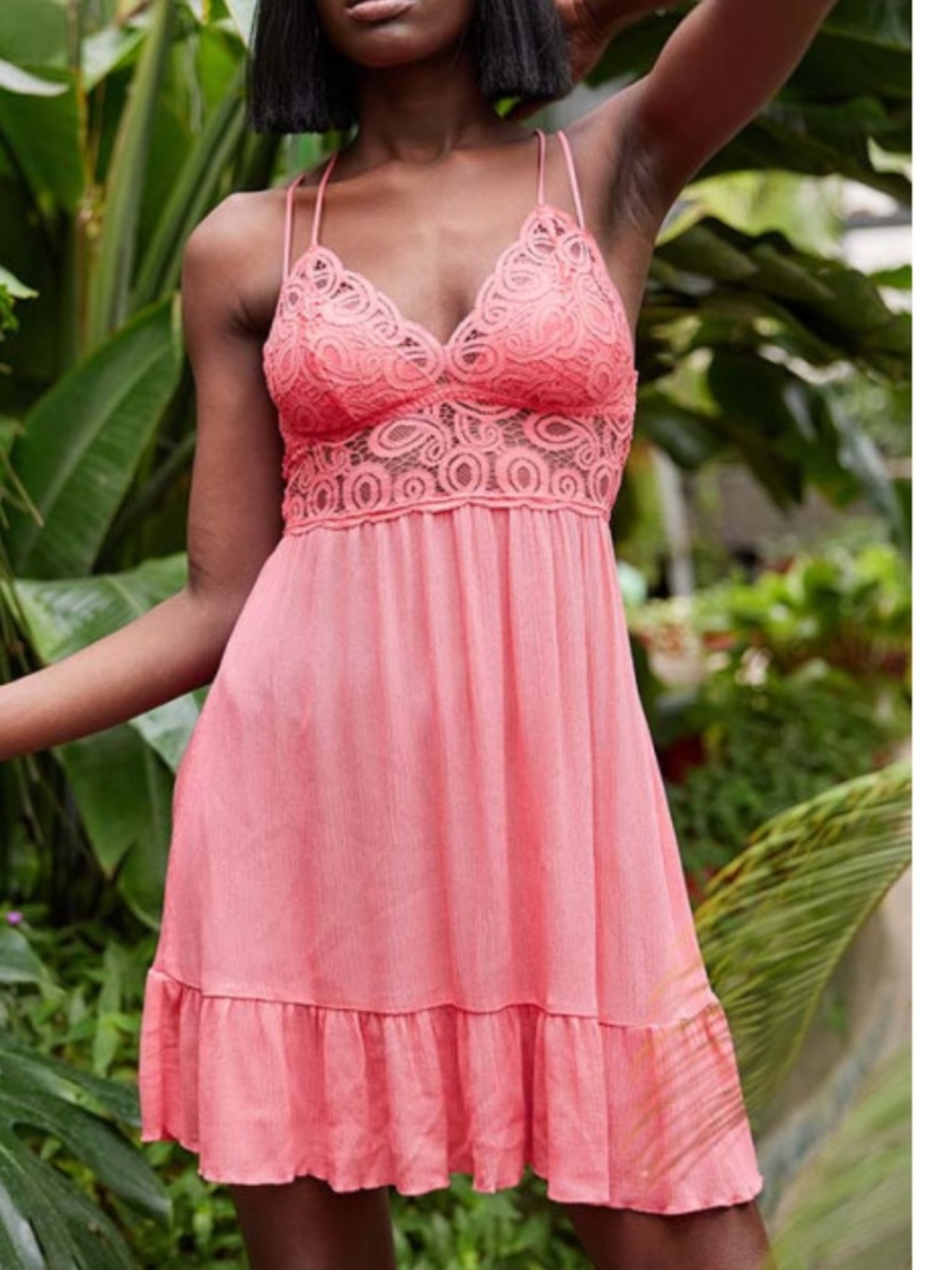 PINK Victoria's Secret Coral Pink Lace-Trim Chemise strappy dress M